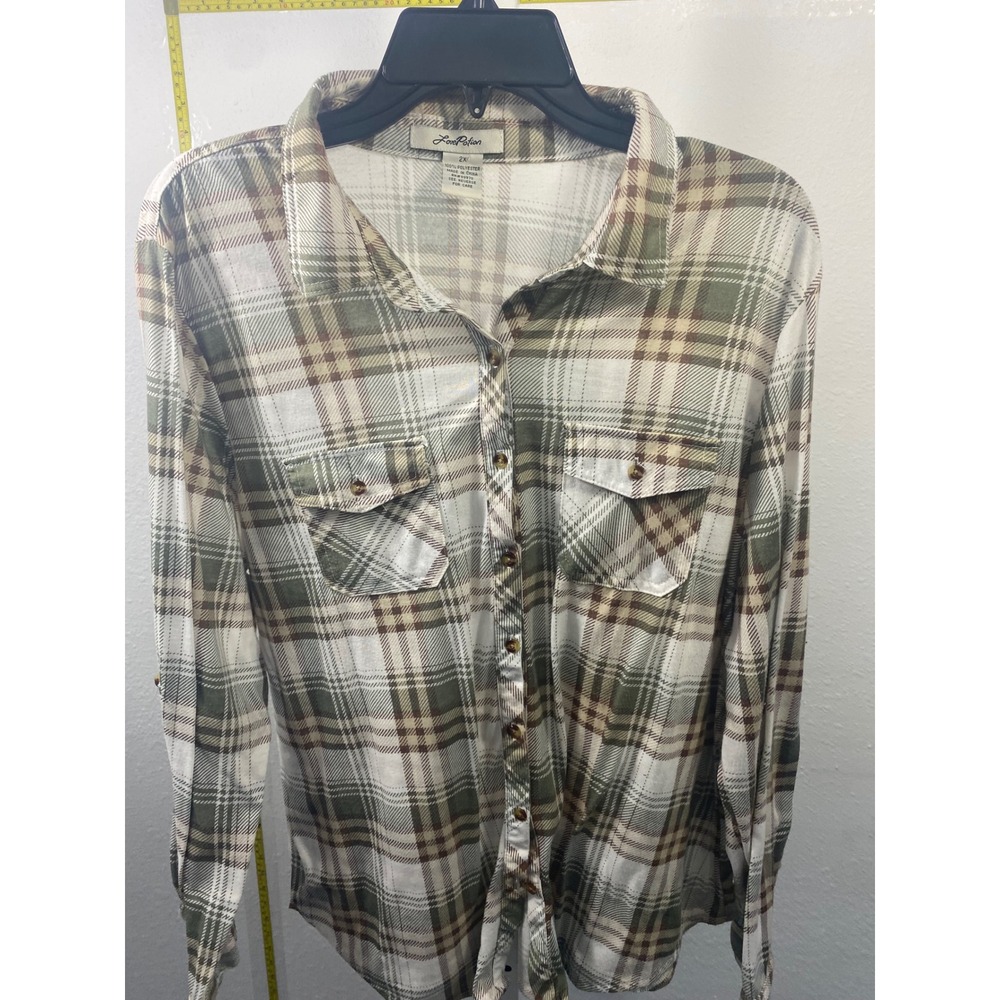 Love Potion‎ Womens 2X Green Plaid Button Up Shirt Long Sleeve Flap Pockets Top